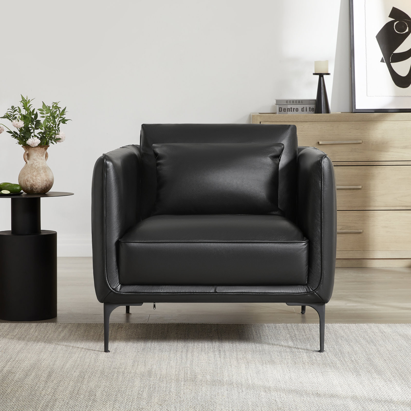 Rae Genuine Leather Armchair, Florida Black Top Grain Genuine Leather