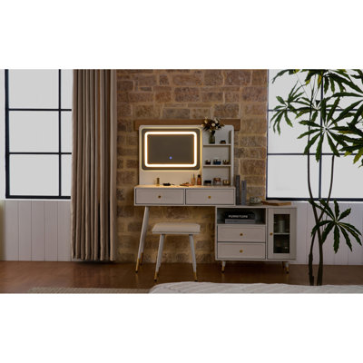 Compact Dressing Table With 3 - Color Adjustable Lights, Drawer Storage, And Built In Power Outlet, Ideal For Small Bedroom Fluted Glass Door Style Va
