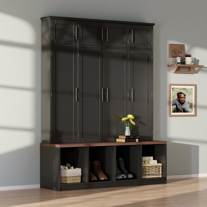 Farmhouse Hall Tree With 4 Hidden Hanging Hooks, Versatile Walnut Seating Bench With 8 Doors, Entryway Shoe Cabinet With Open Compartment For Living Room