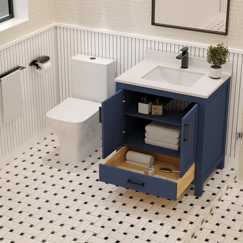 Navy Blue 30'' Single Bathroom Vanity with White Quartz Top
