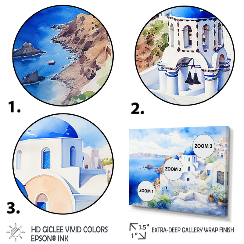 «Blue and White Greek Isles Village II - Grèce», art mural, Cadre flottant noir, H 12 po x l 20 po x P 1 po