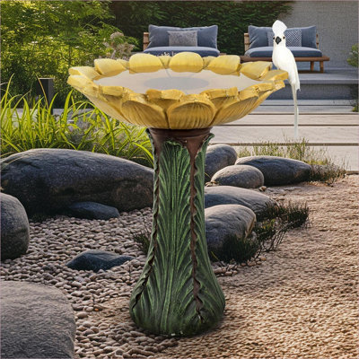 Bains d'oiseaux | 24,4 po de hauteur piédestal de tournesol extérieur pour la pelouse de patio de jardin | jaune; vert | ciment de béton
