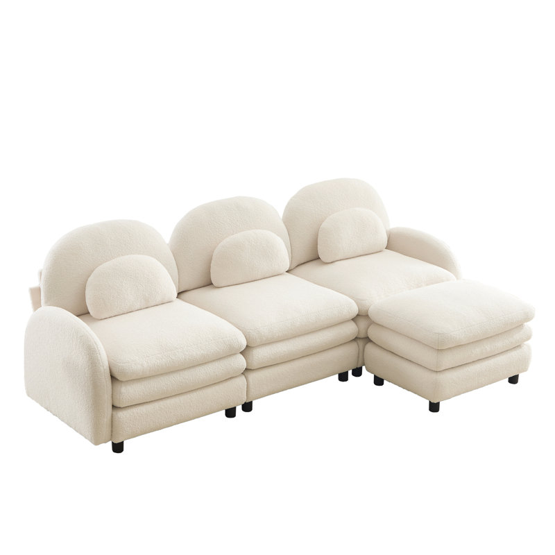 Canapé modulaire en polaire 3 places Teddy, 35.4" H x 98.2" W x 55.5" D, Blanc beige
