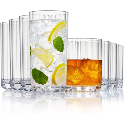 Faceted Clear Plastic Reusable Drinking Glasses (Set Of 8) 14Oz Rocks & 18Oz Water Cups | BPA-Free Tumblers, | Top-Rack Dishwasher Safe