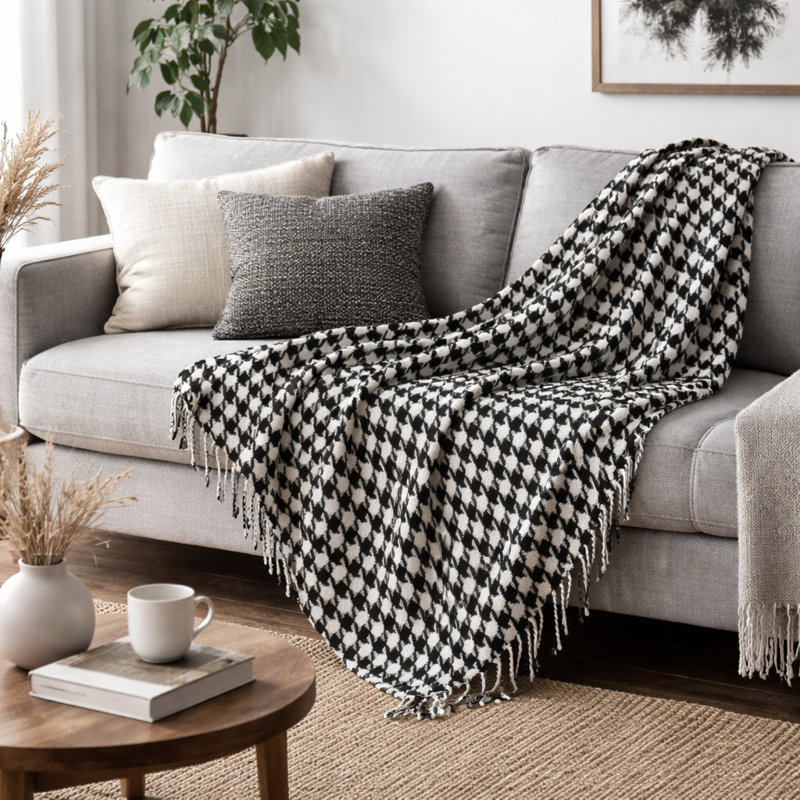 Jeté classique pied-de-poule noir et blanc avec frange 50 po x 60 po