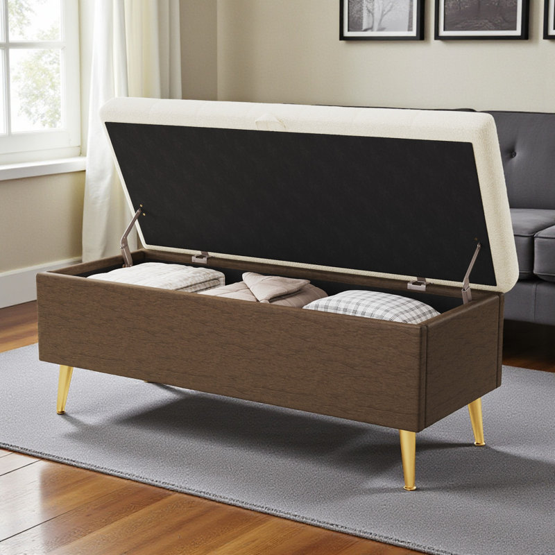 Upholstered Storage Bench With Gold Metal Legs, Beige