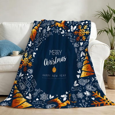 Blue Ultra Soft Flannel Fleece Throw Blanket,Merry Christmas Greeting Single-Sided Print