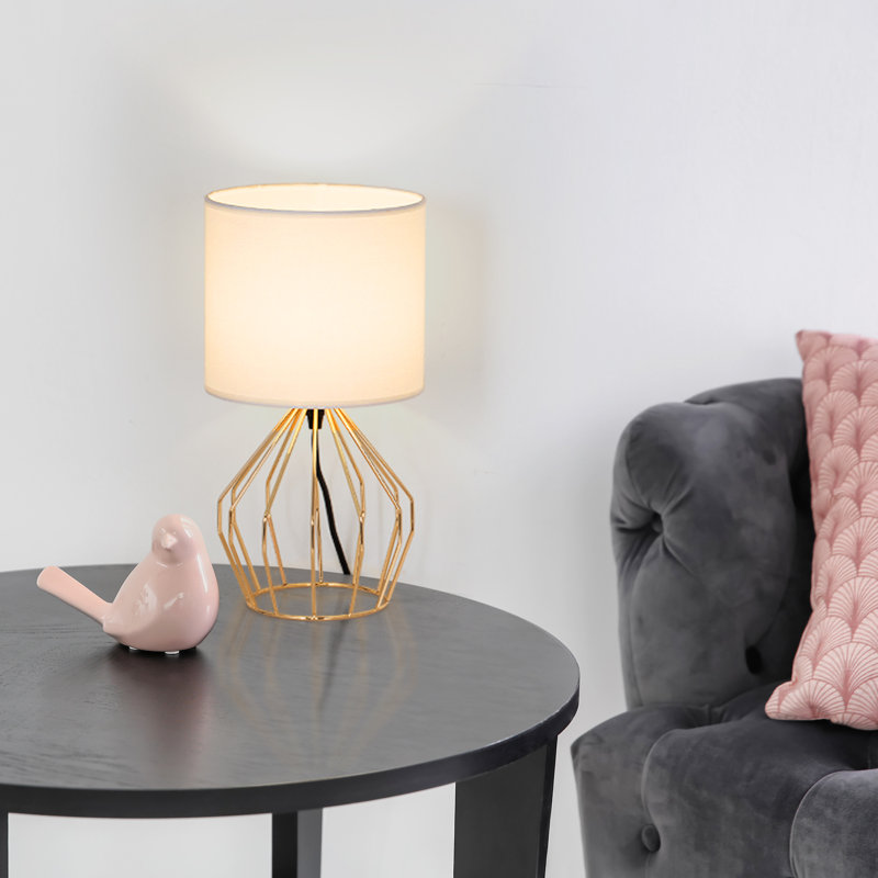 Lampe de table avec abat-jour en tissu et base en fil métallique, Doré, Blanc