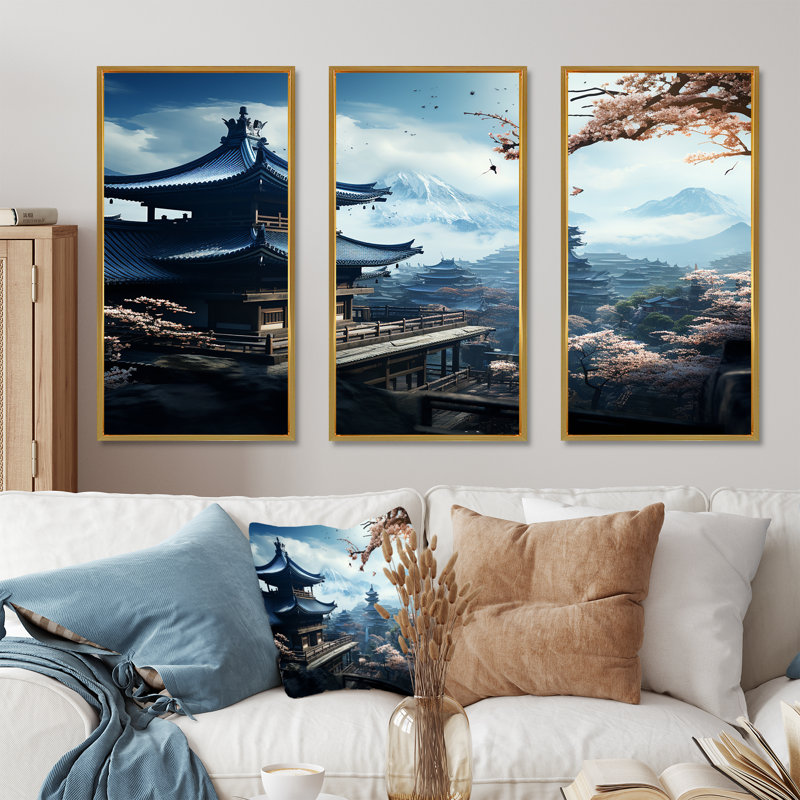 Japon, temple panoramique, sérénité - Japon, art mural, Cadre flottant doré, H 28 po x l 36 po x P 1 po