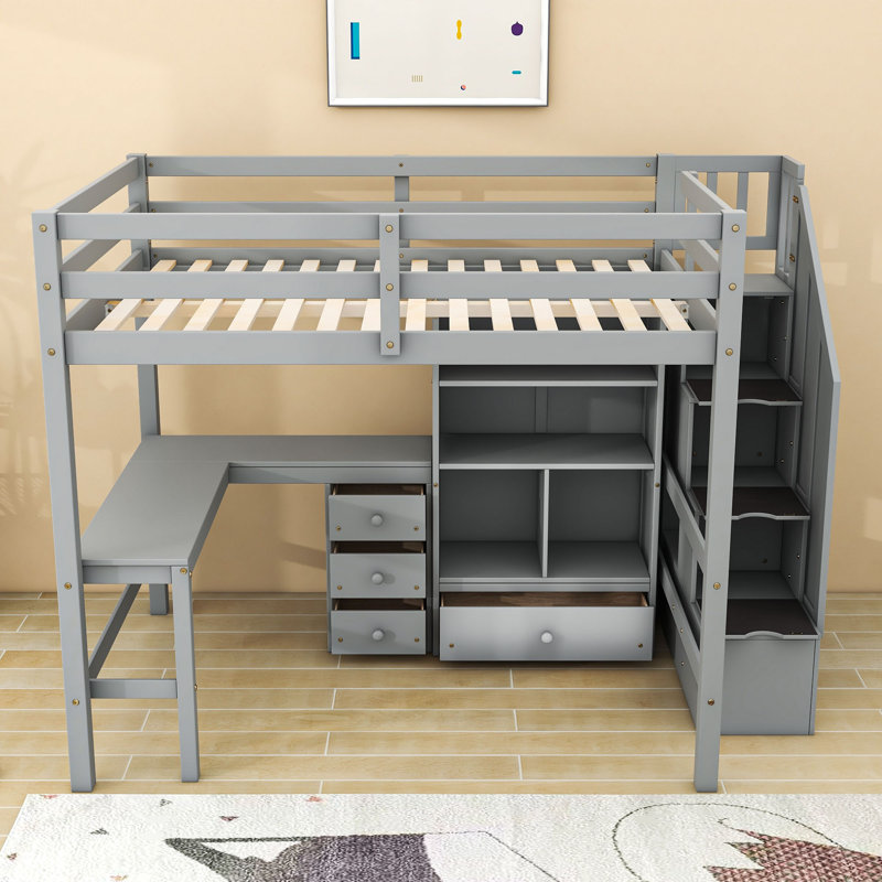 Full-Size Loft Bed With L-Shaped Desk, Storage Staircase, And Drawers, Gray