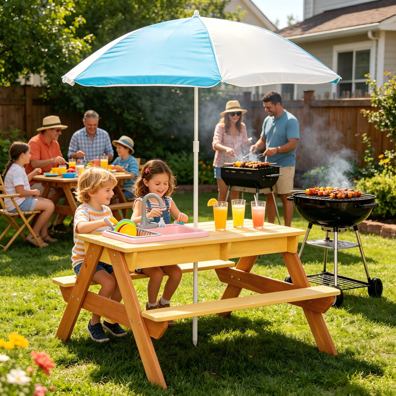 Table de pique-nique en bois pour enfants avec parasol, table d'activité 2-en-1 sable et eau pour jouer sur la terrasse
