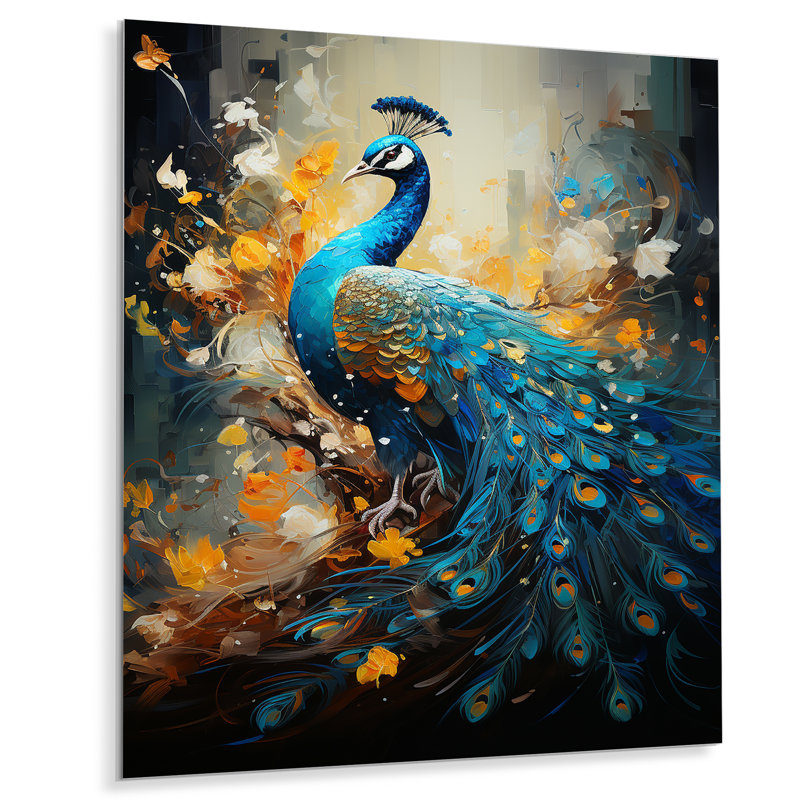 Bleu sarcelle, jaune, émeraude, paon, gouttes II - animaux, art mural en métal, salon, H 20 po x l 12 po x P 1 po