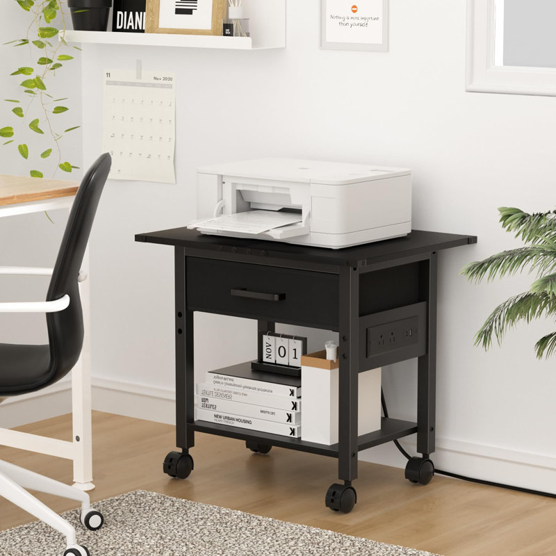 Under Desk Rolling Printer Stand with Charging Station and USB Ports, Black