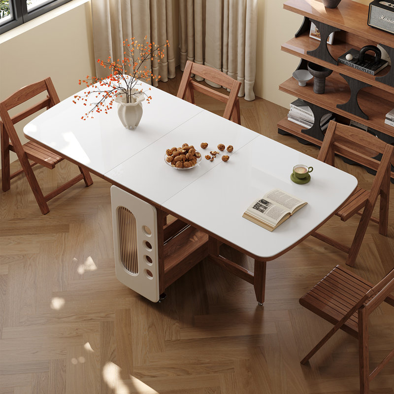 Table de salle à manger extensible en bois massif de 66 po avec 4 chaises de rangement sur roulettes, plateau en pierre résistant aux égratignures, peu encombrant et entièrement assemblé