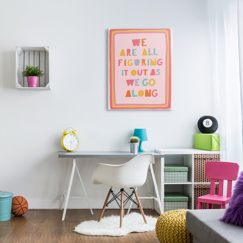 «Figuring out As We Go Expression Playful Pink Shapes» par Nancy McKenzie - Art textuel, Toile tendue, H 40 po x l 30 po