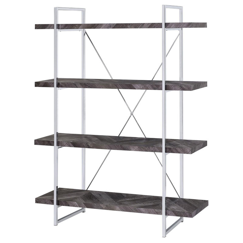 Bibliothèque à 4 tablettes à chevrons gris rustique, structure en métal, pour décoration intérieure chevrons avec 4 tablettes, articles de maison contemporains