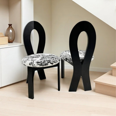 Dining Chairs Set Of 2, Key-Design Home Chairs - Linen Upholstered Solid Wooden Dining Chairs With White Round Cushion & Distinctive Wood Grain Texture For Kitchen Dining Room(Black)