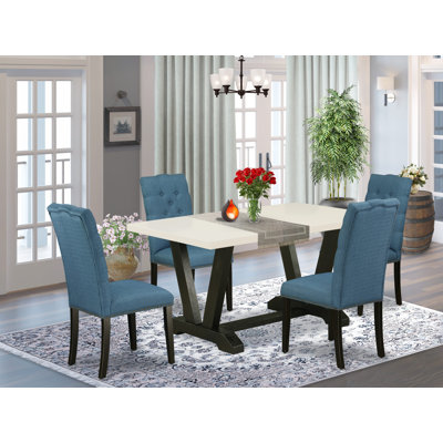 L'ensemble 5 pièces contient une table de salle à manger en lin blanc et 4 chaises de cuisine en lin bleu minéral - finition noire brossée