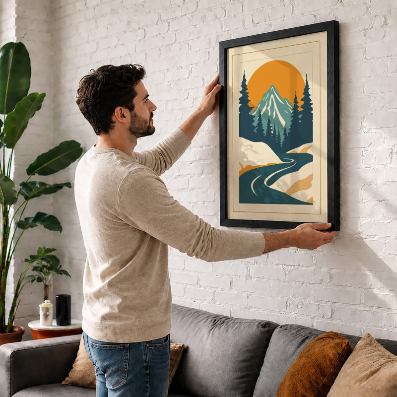 Mountains at Sunrise Retro - Framed Print, Black, A3 - 42.0 x 29.7 cm