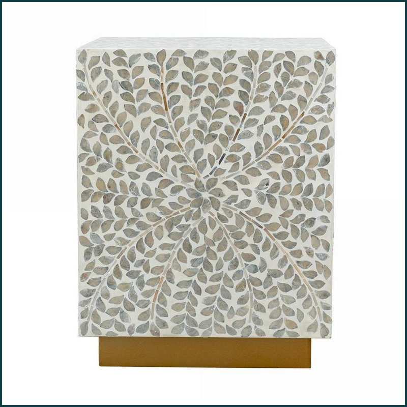 Tabouret carré avec coquille de Capiz blanche Base dorée | Crème / blanc | Or