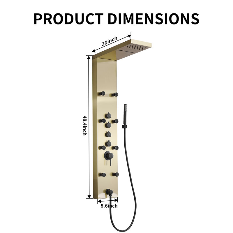 Système de panneau de douche tour à 8 jets avec pomme de douche et baguette en nickel brossé, Noir mat / Or