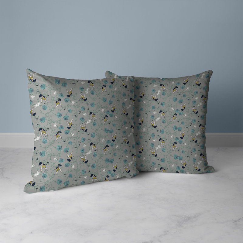 Coussin réversible Songbird Flora Parade, H 20 po x l 20 po, Cyan / gris
