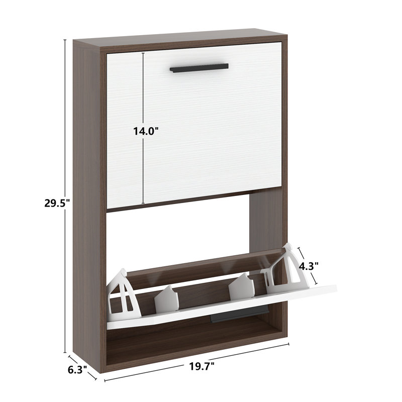 Shoe Cabinet , Wall Mounted Shoe Organizer With 2 Flip Drawers, Walnut/White, 29.5" H x 19.7" W x 6.3" D
