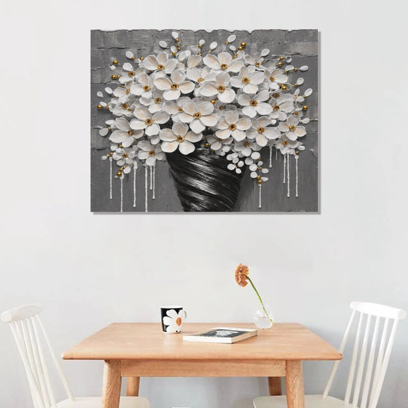 Bouquet de fleurs blanches 3D, cadre en bois intégré, art mural de luxe, 16 x 20