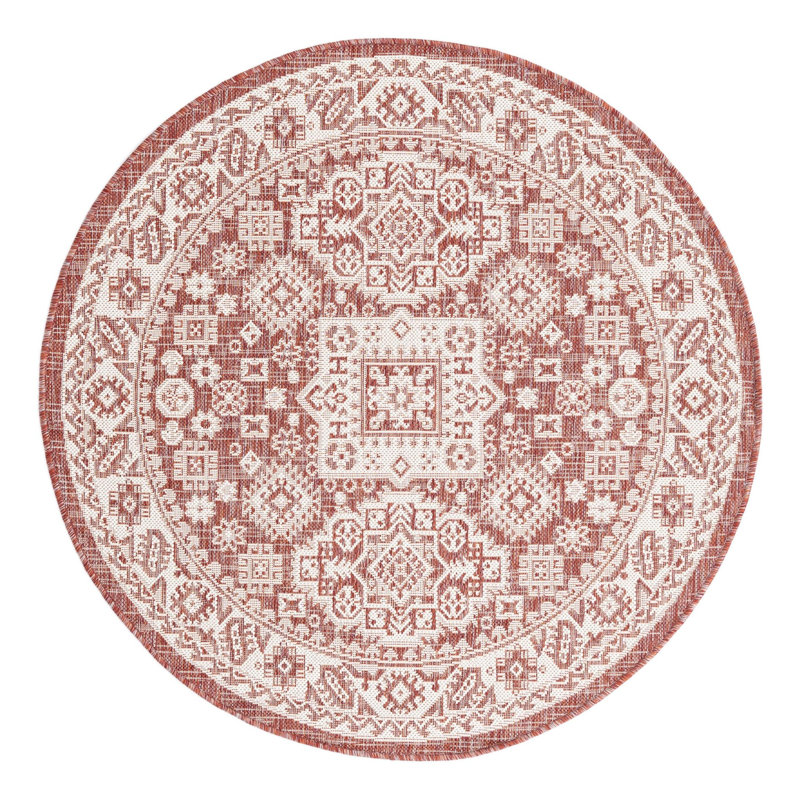 Tapis intérieur / extérieur rouge rouille en polypropylène tissé à la machine Archange, Rond 4 pi