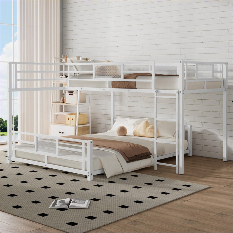 Lit plateforme superposé compact en forme de L simple sur une construction en métal blanc pur pour les dortoirs et les chambres à coucher