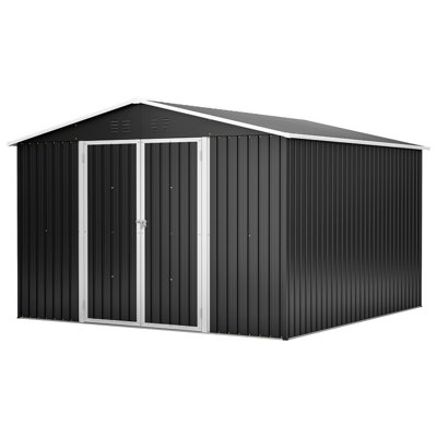 Large 10x10 Ft Outdoor Black Metal Storage Shed, Updated Heavy - Duty Frame, Lockable Double Doors, All Weather For Garden Equipment, Sloping Roof, Galvanized Steel And Ventilation Openings Backyard