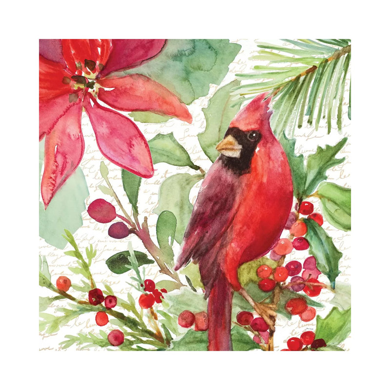 Poinsettia And Cardinal I by Lanie Loreth - Wrapped Canvas Painting, 30.48 cm H x 30.48 cm W