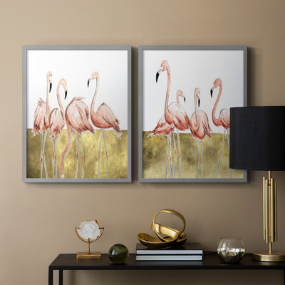 «Flamingo Flock I», reproduction encadrée de qualité supérieure - prête à être accrochée - aucun clou requis - aucun clou requis