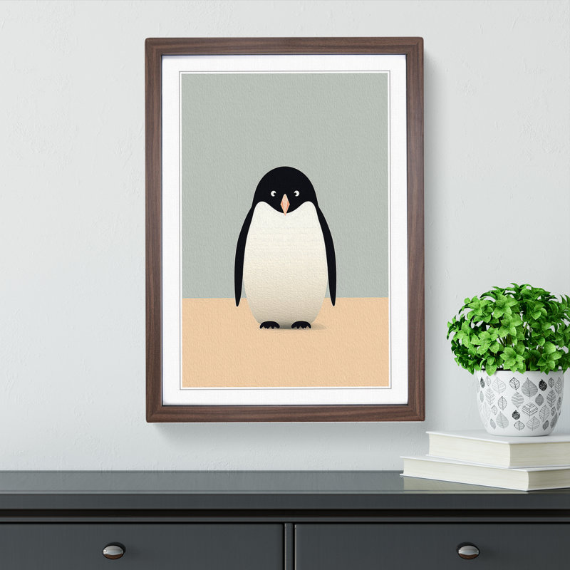 Penguin Minimalism - Single Picture Frame Print on Wood, 34cm H x 25cm W, Walnut Framed
