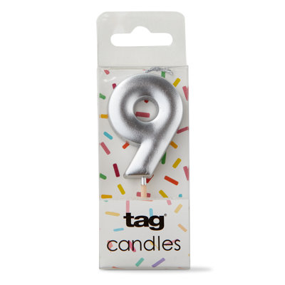 Metallic Digit 9 Candle Silver Paraffin Wax Everyday- Birthday Party Celebration