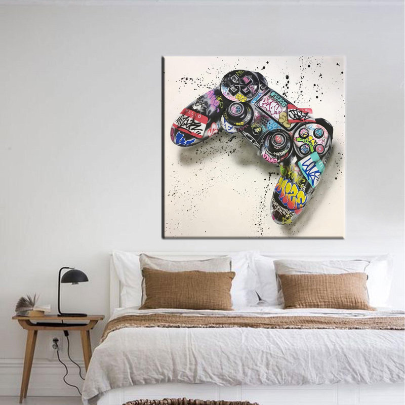 Banksy-Inspired Graffiti Art Featuring a Game Console on Framed Canvas Ideal for Game Room Decor and a Unique Personalized Gift for a Baby