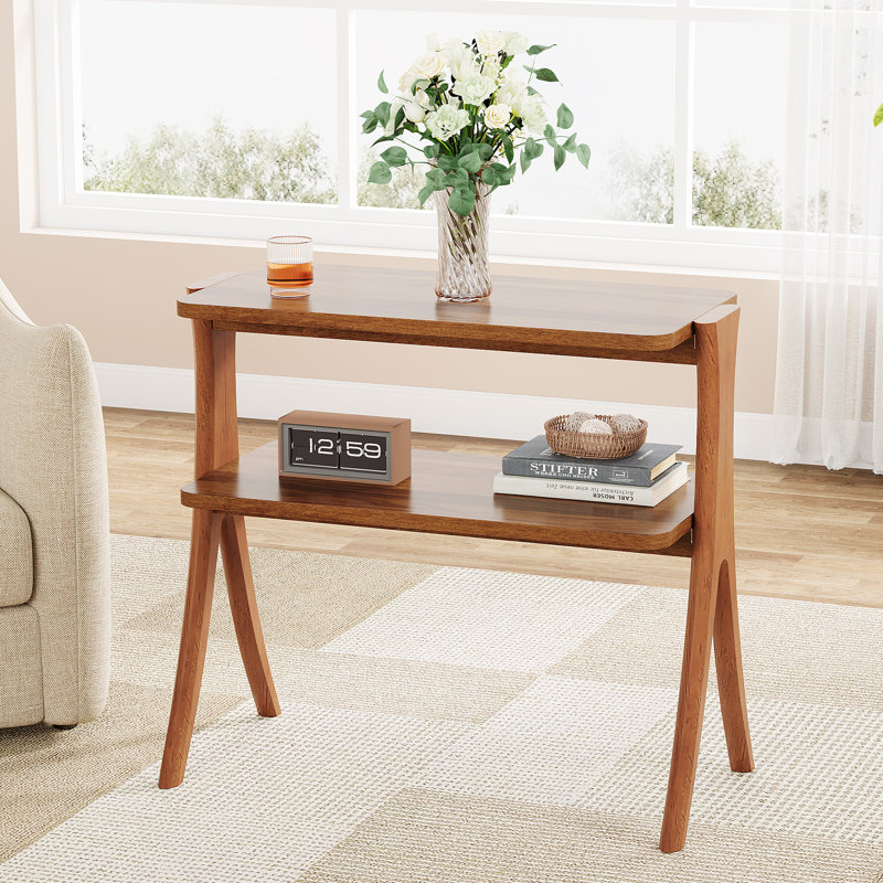 24.6'' Tall End Table Side Table With 2-Tier Storage Shelves And Solid Wood Legs, Walnut