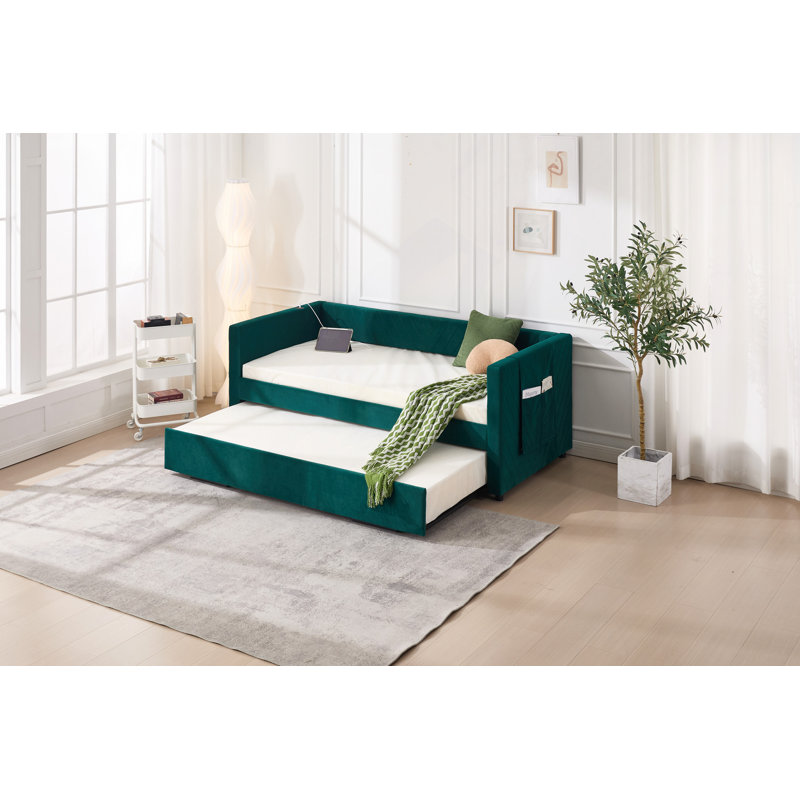 Upholstered Daybed With Trundle,USB Port ,Side Pockets, V-Grained Backrest Design,No Box Spring Needed, For Bedroom, Guest Room