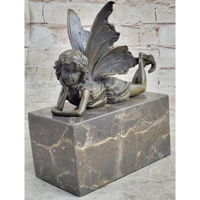 Eriberto Fairy Child Young Girl Laying Down In Thought Bronze Metal Figure Statue Sculpture Marble Base