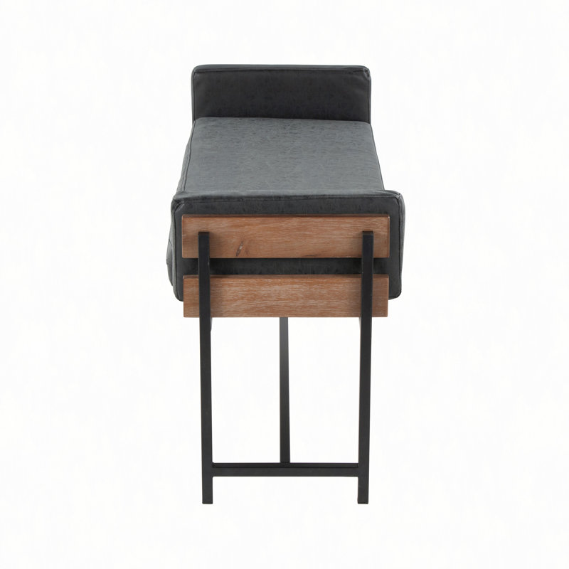 Banc de 18 po avec bois en métal noir et similicuir, Naturel/noir