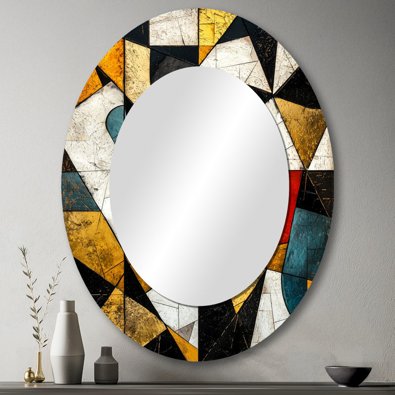 Black Yellow Fragmentation Abstract Shapes III - Abstract Oval Decorative Mirror On Metal, 43" x 33"