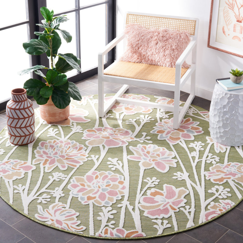 Tapis intérieur / extérieur à motif floral vert / rose Mattalyn, Rond 6 pi 5 po