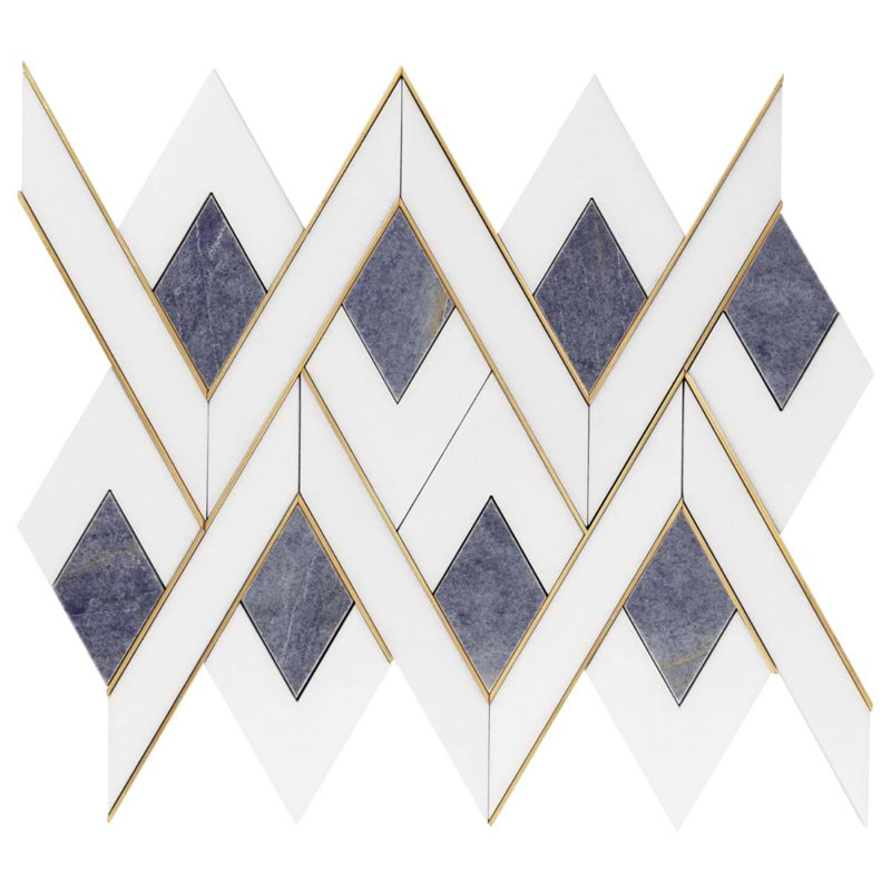 Zeta 12x16 Polished Marble and Brass Inlay Waterjet Mosaic Tile, Azul Blue