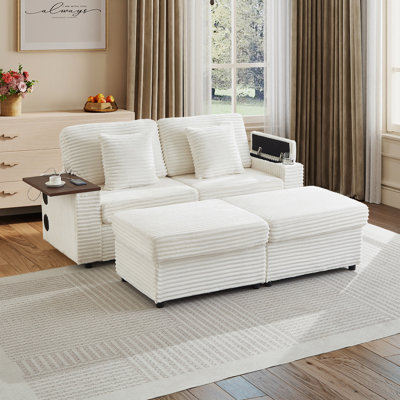 Canapé d'angle convertible en velours côtelé avec bureau pivotant à 360° pour ordinateur portable, haut-parleur Bluetooth, port USB et accoudoir de rangement - Canapé moderne pour petits espaces avec pouf pour appartement
