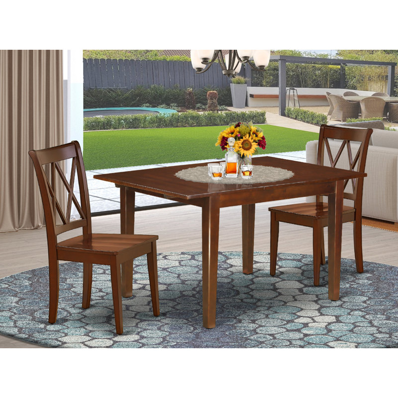 3 Piece Dining Table Set for Small Spaces Contains a Rectangle Dining Room Table with Butterfly Leaf and 2 Wooden Seat Chairs, Mahogany