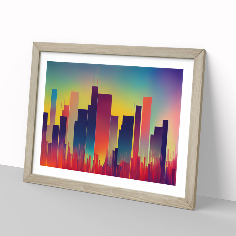 Snazzy Skyscraper Skyline Abstract - Single Picture Frame Print, 25cm H x 34cm W x 2cm D, Oak