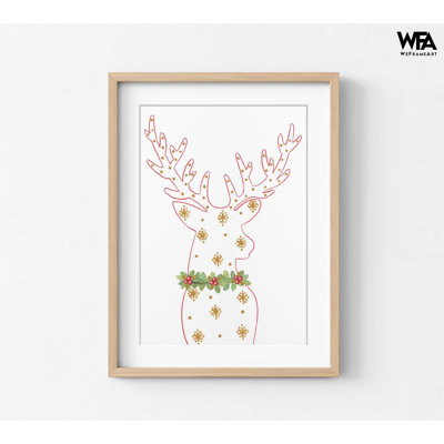 Renne, dessin au trait, affiche festive minimaliste, silhouette de cerf encadré, couronne de houx, art mural, décoration de vacances en or rouge, art encadré
