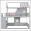 Lit superposé double au dessus d'un lit double avec escalier et tablettes de rangement, structure de lit superposé en bois pour enfants avec conception de maisonnette, toit et porte, marches de rangement et tablettes ouvertes, gris et rose-52604384