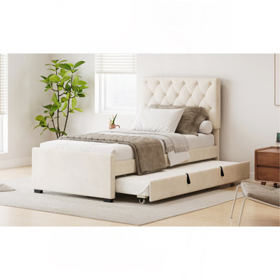 Lit plateforme tapissier simple en velours avec lit gigogne et tête de lit capitonnée à boutons ajustables, sans sommier tapissier, beige