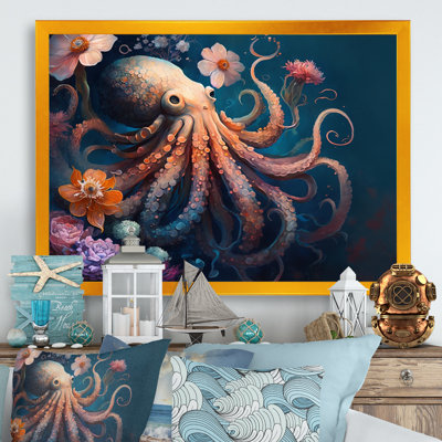 Octopus In The Ocean With Flowers I - Coastal Large Wall Art